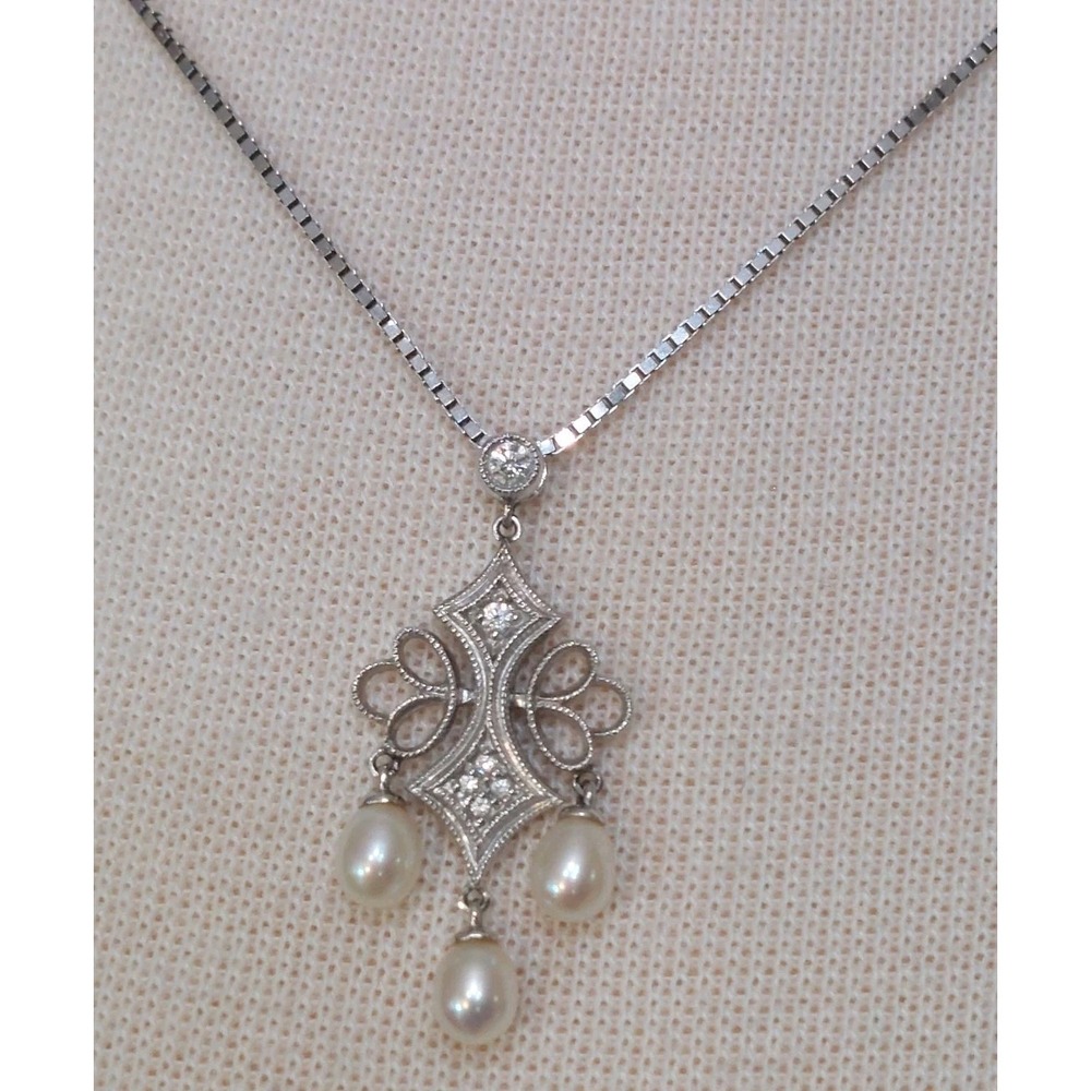 1990s Edwardian Revival Diamond Pearl Pendant Necklace White Gold Vintage Estate